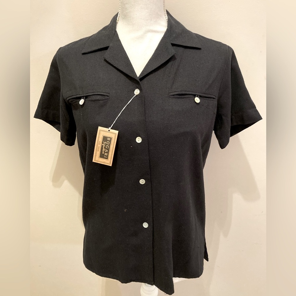 Women’s Small Black Silk & Linen Bogari  button down Blouse w/ MOP buttons, NWT